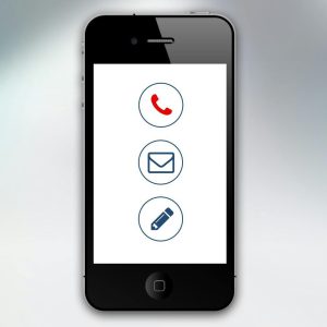 Smartphone showing communication icons for call, email, and messaging on screen.